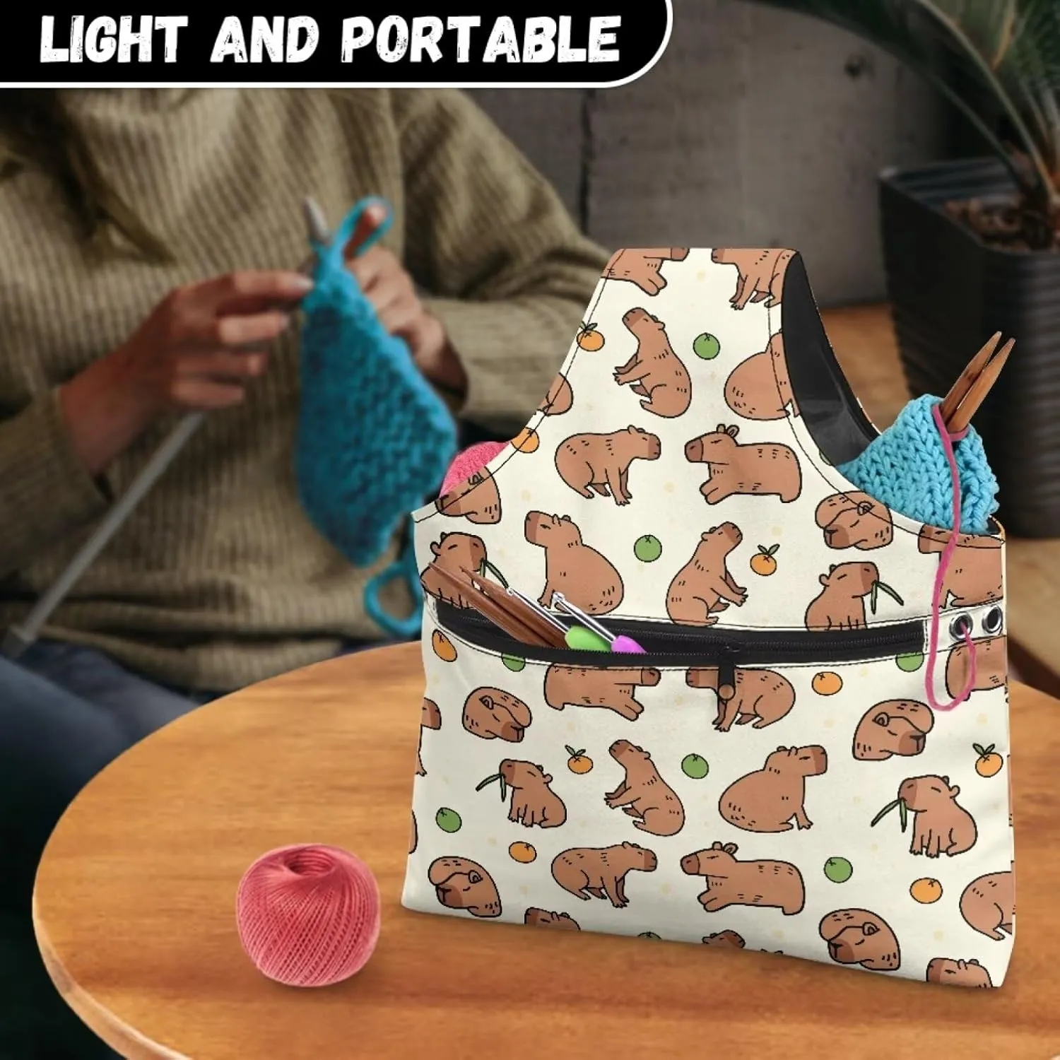 KUIFORTI Yarn Bag Capybara Knitting Bag Crochet Bag, Yarn Storage Bag Organizer Travel Wrist Bag, Yarn Tote Bags for Crocheting on The Go Large Size