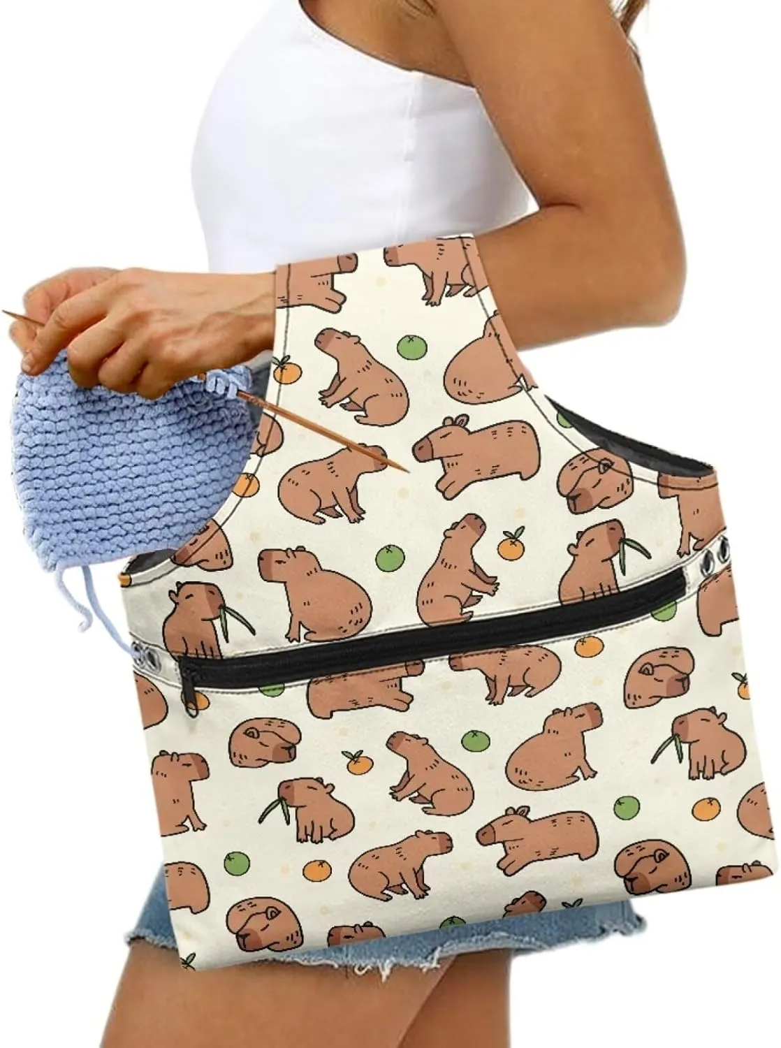 KUIFORTI Yarn Bag Capybara Knitting Bag Crochet Bag, Yarn Storage Bag Organizer Travel Wrist Bag, Yarn Tote Bags for Crocheting on The Go Large Size