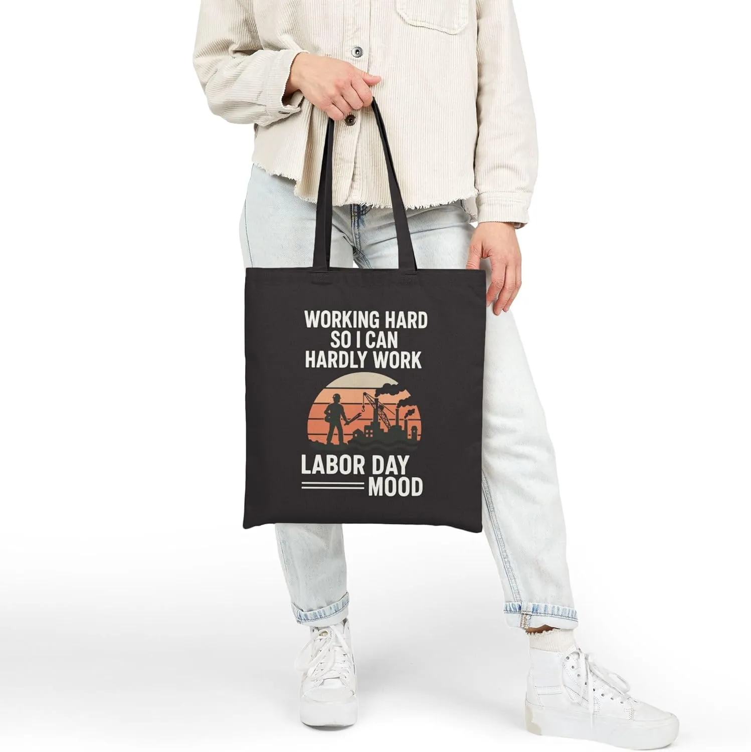 Labor Day Tote Bag “Working Hard So I Can Hardly Work” Reusable Shopping Bag for Men & Women – Industrial Labor Day Mood Gift