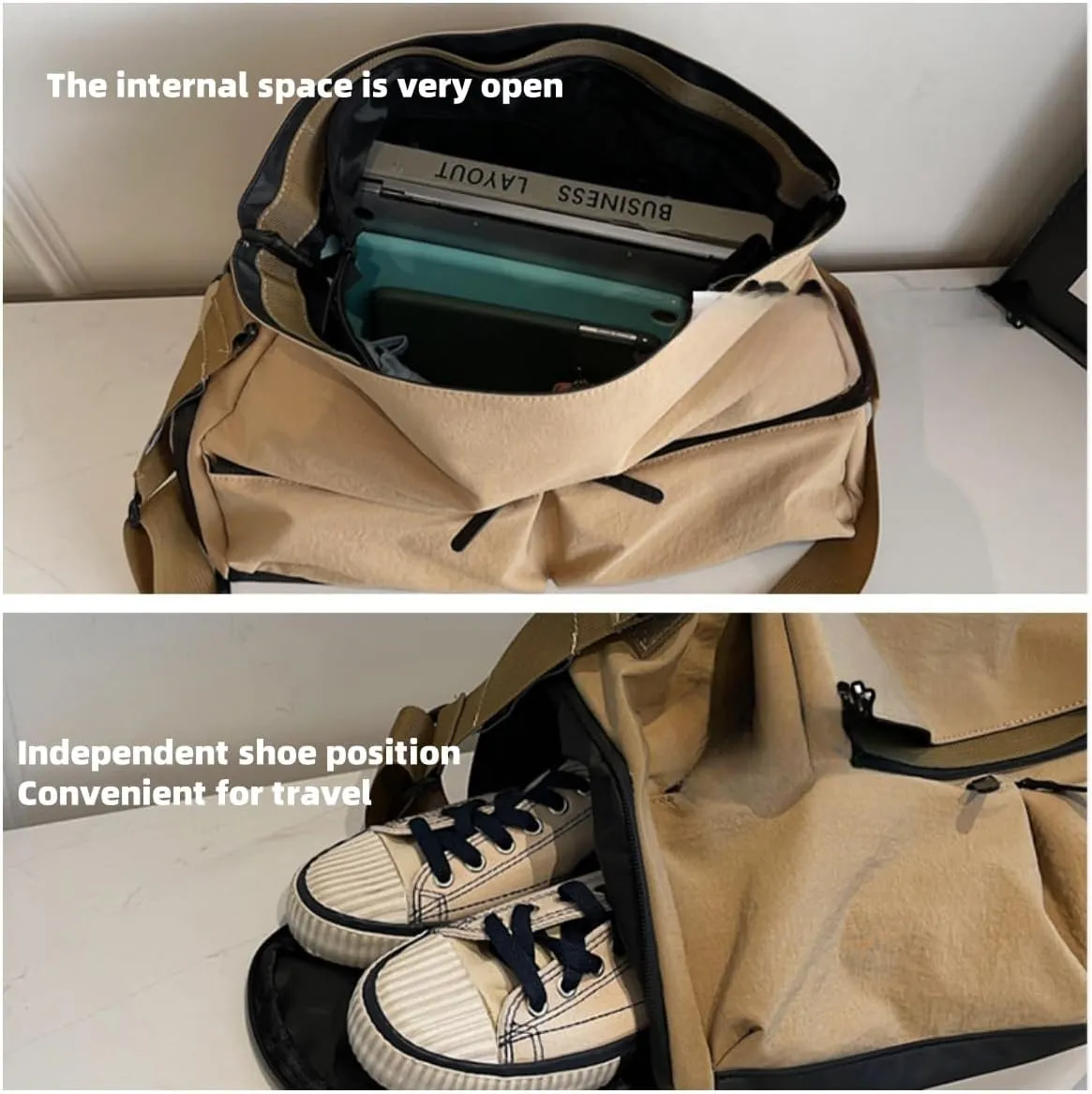 Ladies' fitness bags， travel luggage bag, quilted leisure day bags, weekend overnight bag, organizer's travel luggage 31L handbag, laptop to carry with you (khaki)