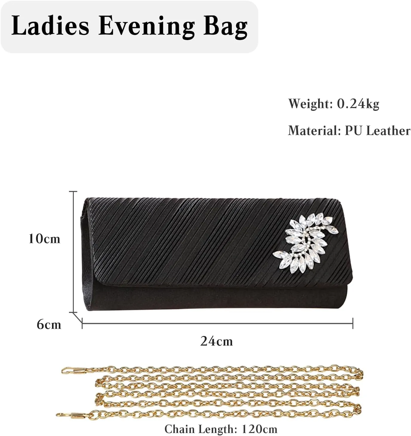Ladies Rhinestone Evening Bag Sparkly Crystal Handbag Pleated Clutch Bag Bridal Wedding Purse Glitter Shoulder Bag