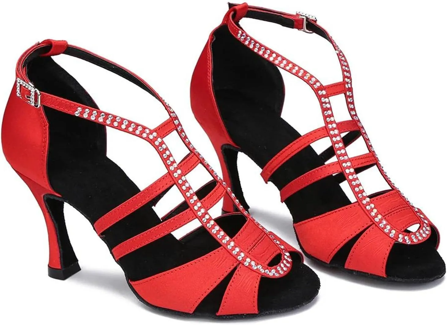 Ladies Ruby-Toned Evening Sandals - Soft Bottom Satin Heels with Crystal Laces (7.5CM/2.95")