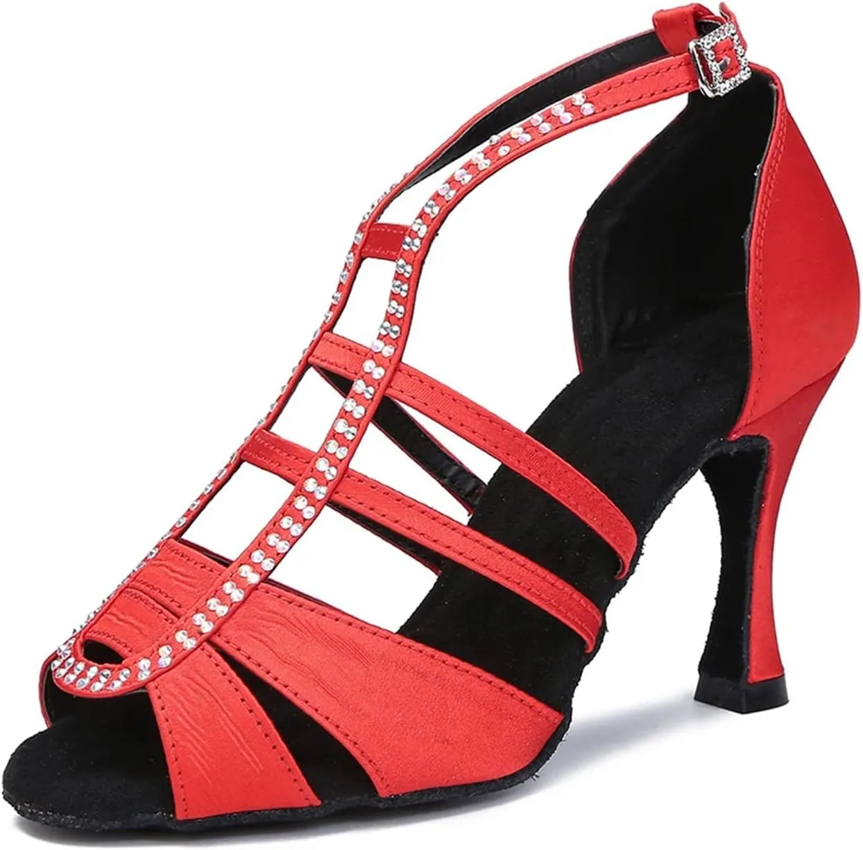 Ladies Ruby-Toned Evening Sandals - Soft Bottom Satin Heels with Crystal Laces (7.5CM/2.95")