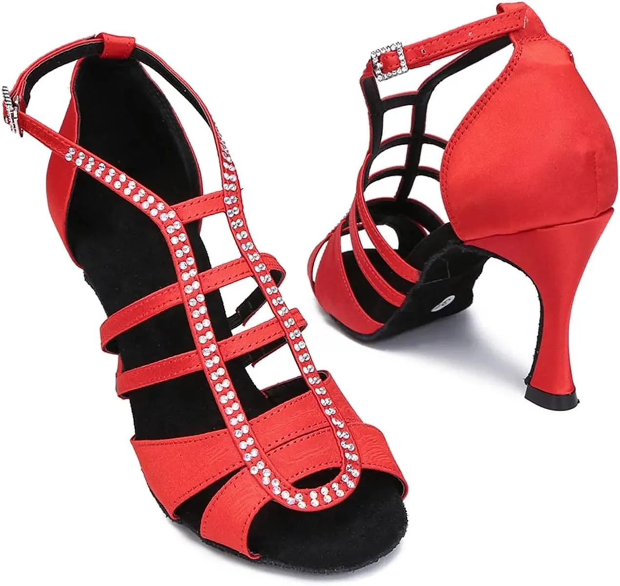 Ladies Ruby-Toned Evening Sandals - Soft Bottom Satin Heels with Crystal Laces (7.5CM/2.95")
