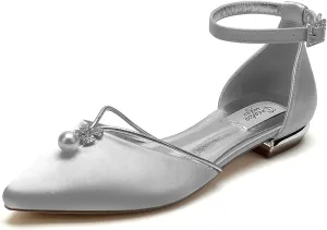 Lady Elegant Pointed Toe Satin Dress Flats Shoes with Pearl and Crystals