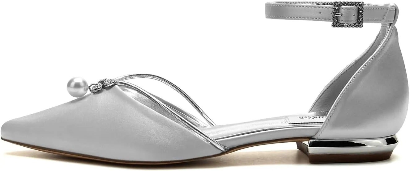 Lady Elegant Pointed Toe Satin Dress Flats Shoes with Pearl and Crystals