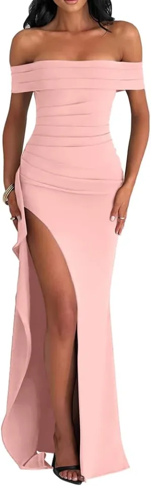 LAGSHIAN Women's Elegant Bodycon Off Shoulder Sleeveless High Split Ruched Long Formal Evening Dress