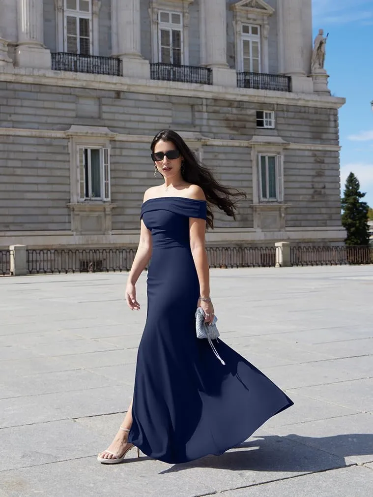 LAGSHIAN Women's Elegant Bodycon Off Shoulder Sleeveless High Split Ruched Long Formal Evening Dress