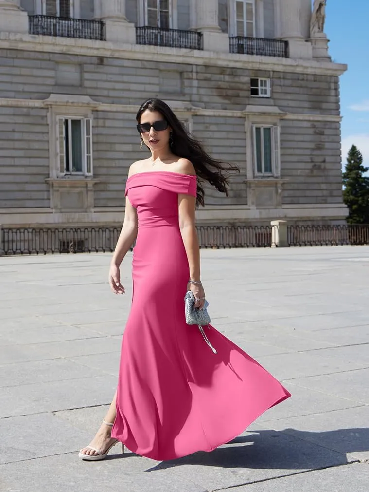 LAGSHIAN Women's Elegant Bodycon Off Shoulder Sleeveless High Split Ruched Long Formal Evening Dress