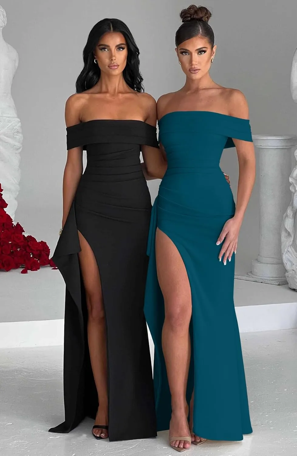 LAGSHIAN Women's Elegant Bodycon Off Shoulder Sleeveless High Split Ruched Long Formal Evening Dress