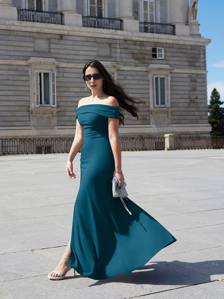 LAGSHIAN Women's Elegant Bodycon Off Shoulder Sleeveless High Split Ruched Long Formal Evening Dress