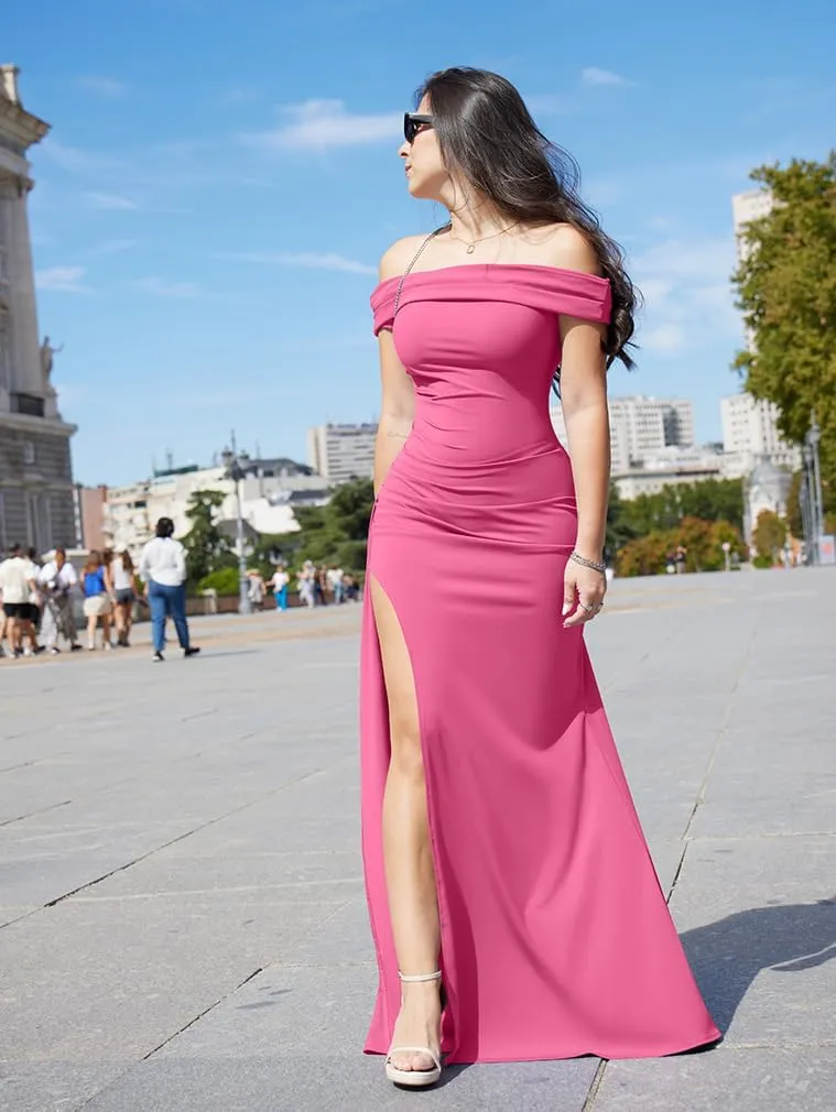 LAGSHIAN Women's Elegant Bodycon Off Shoulder Sleeveless High Split Ruched Long Formal Evening Dress