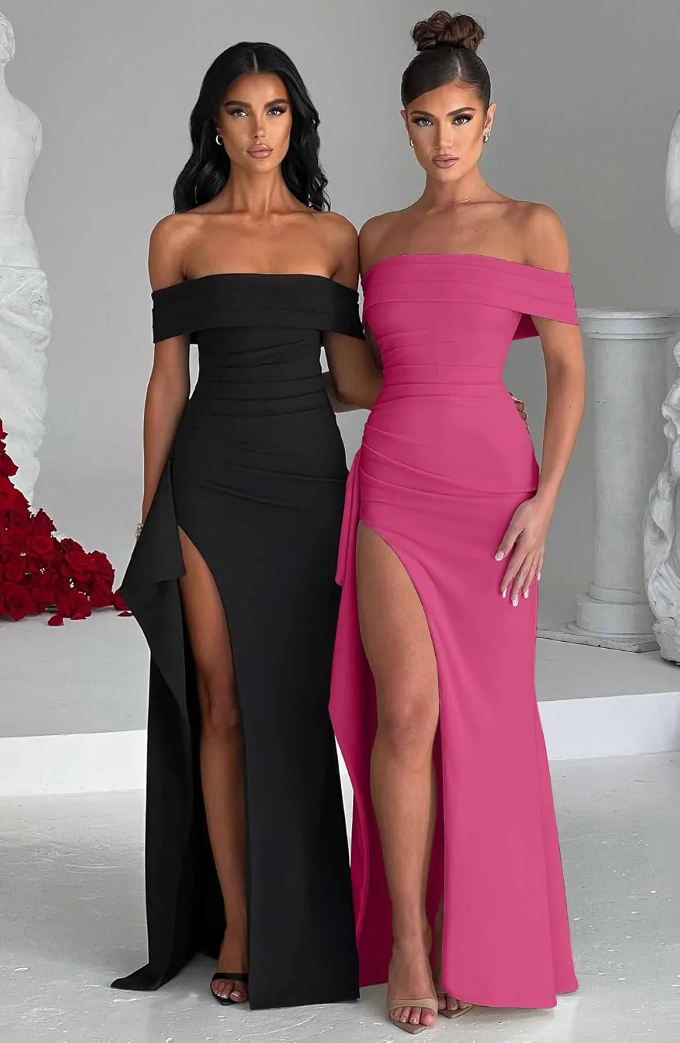 LAGSHIAN Women's Elegant Bodycon Off Shoulder Sleeveless High Split Ruched Long Formal Evening Dress