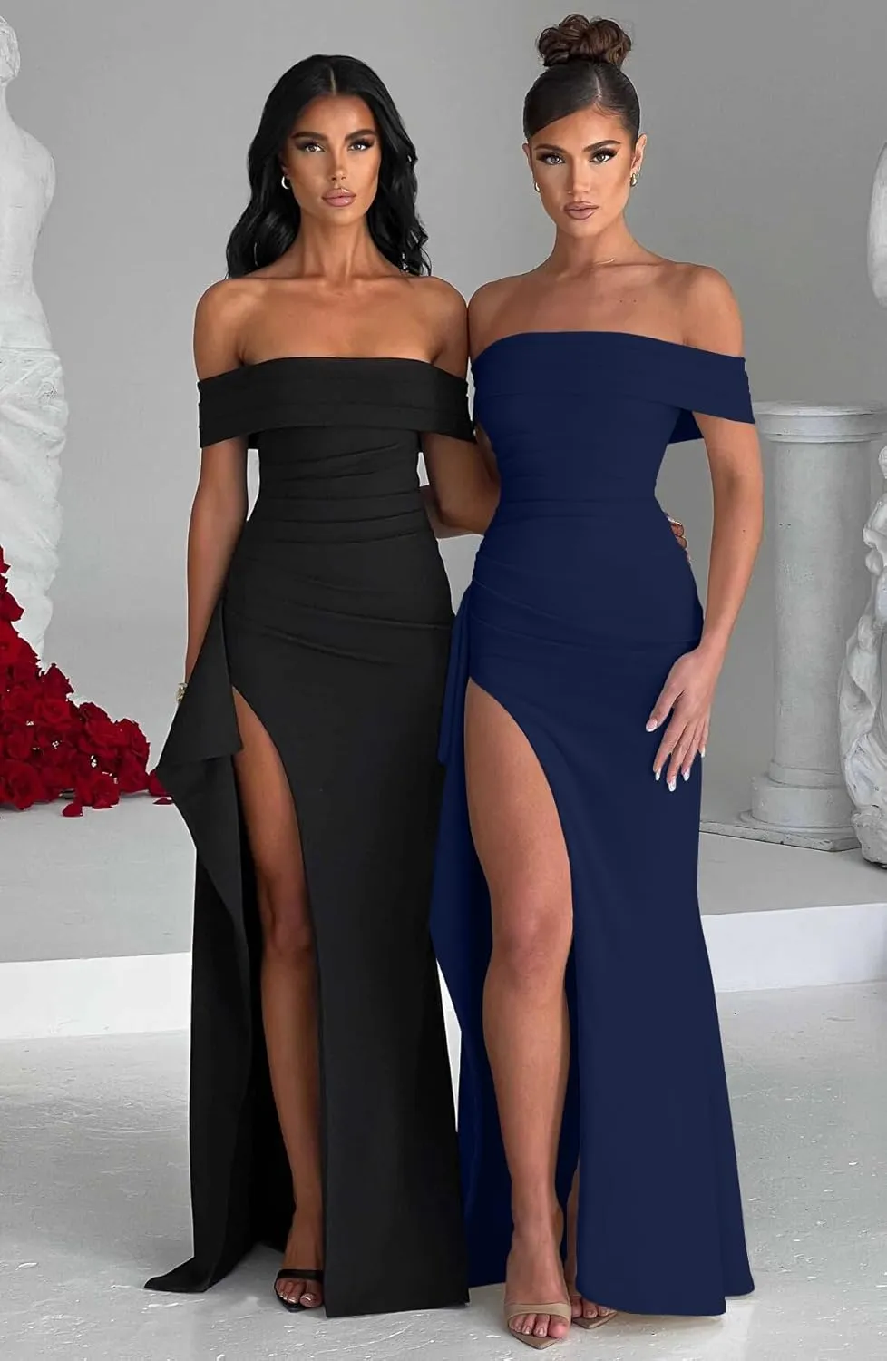 LAGSHIAN Women's Elegant Bodycon Off Shoulder Sleeveless High Split Ruched Long Formal Evening Dress
