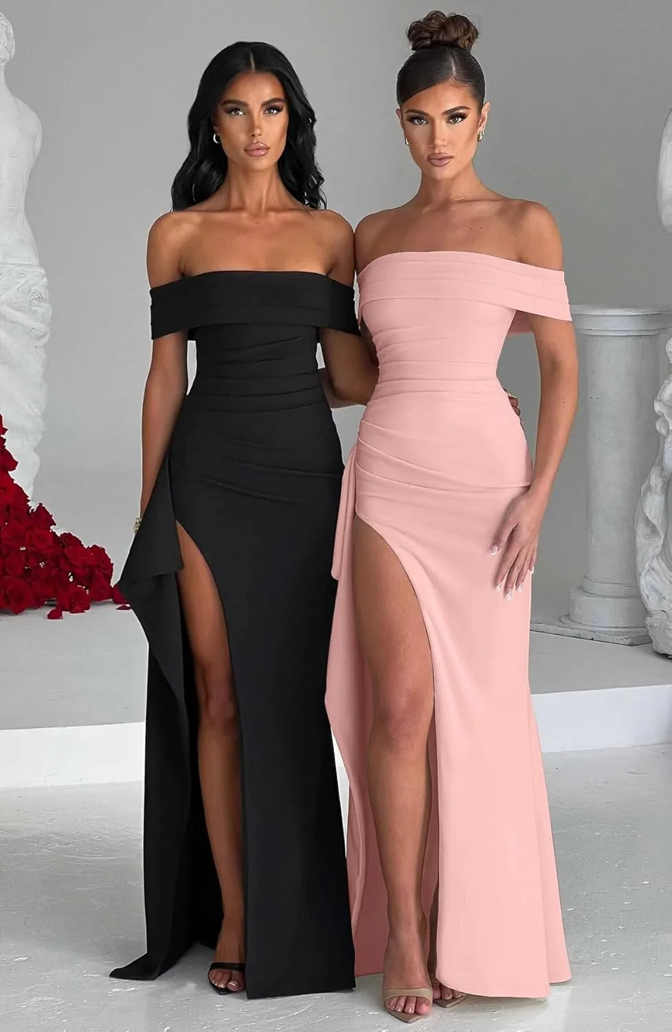 LAGSHIAN Women's Elegant Bodycon Off Shoulder Sleeveless High Split Ruched Long Formal Evening Dress