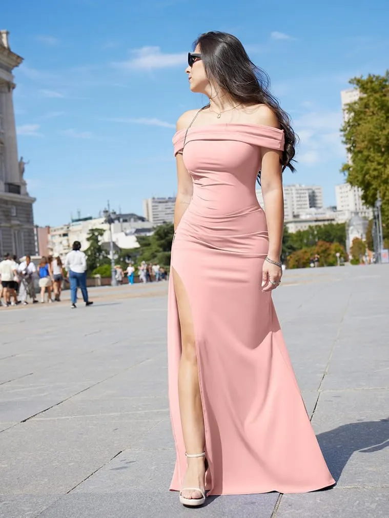 LAGSHIAN Women's Elegant Bodycon Off Shoulder Sleeveless High Split Ruched Long Formal Evening Dress