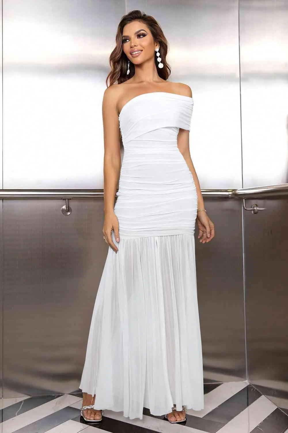LAGSHIAN Women's Elegant Formal Long Dress One Shoulder Sleeveless Ruched Bodycon Evening Dress