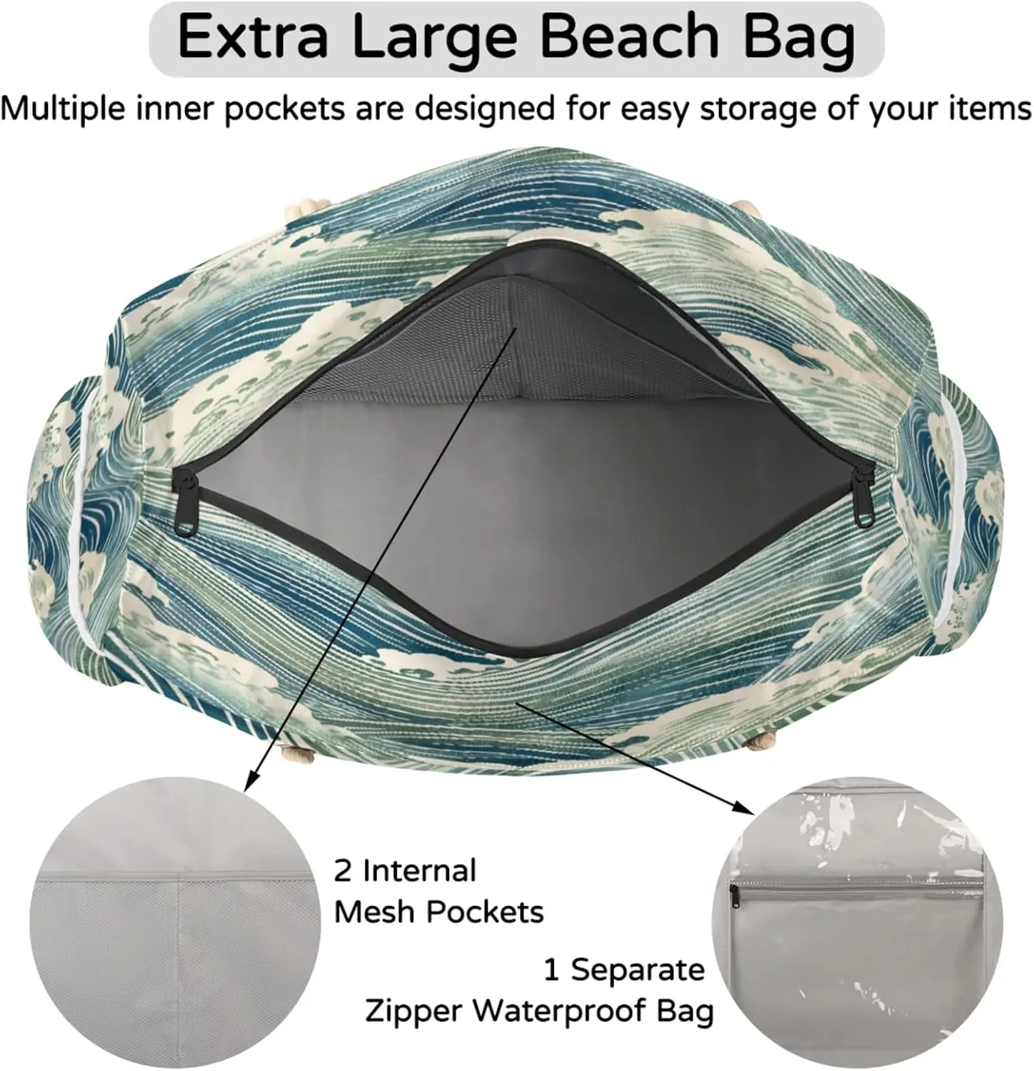 Large Beach Tote Bags for Women, Waterproof Beach Bag with Zipper, Swim Pool Tote Bags