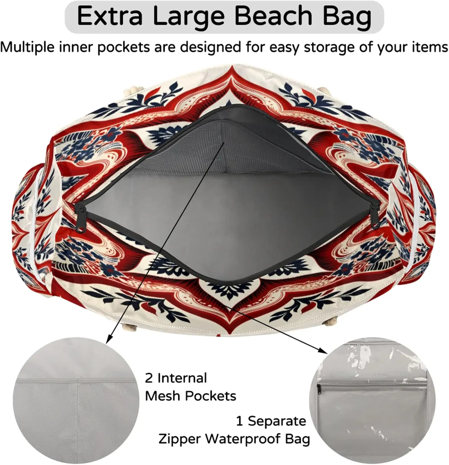 Large Beach Tote Bags with Zipper, Beach Bag for Women, Waterproof Sandproof Pool Swim Bags, Travel Tote Bag