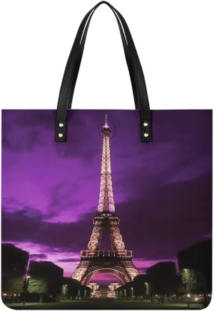 Large Grocery Bags Beach Tote Purple Eiffel Tower Bag for Women Shoulder Bag for Travel Work Handbag