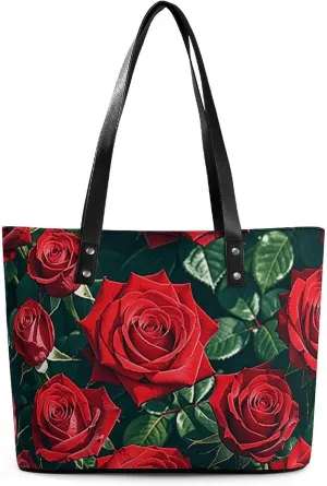 Large Grocery Bags Beach Tote Red Rose Romantic Bag for Women Shoulder Bag for Travel Work Handbag