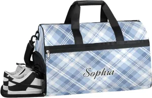 Large Gym Bag with NameCustom Duffel Bag for Women Luggage Bag for Adults Weekender Carry on Duffle Bags Blue Plaid Sports Duffel Bag