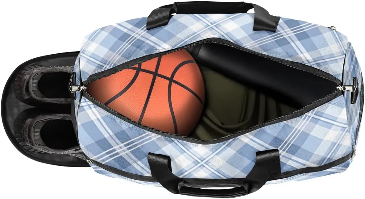 Large Gym Bag with NameCustom Duffel Bag for Women Luggage Bag for Adults Weekender Carry on Duffle Bags Blue Plaid Sports Duffel Bag