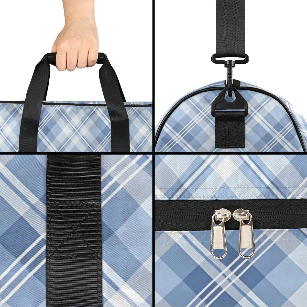 Large Gym Bag with NameCustom Duffel Bag for Women Luggage Bag for Adults Weekender Carry on Duffle Bags Blue Plaid Sports Duffel Bag