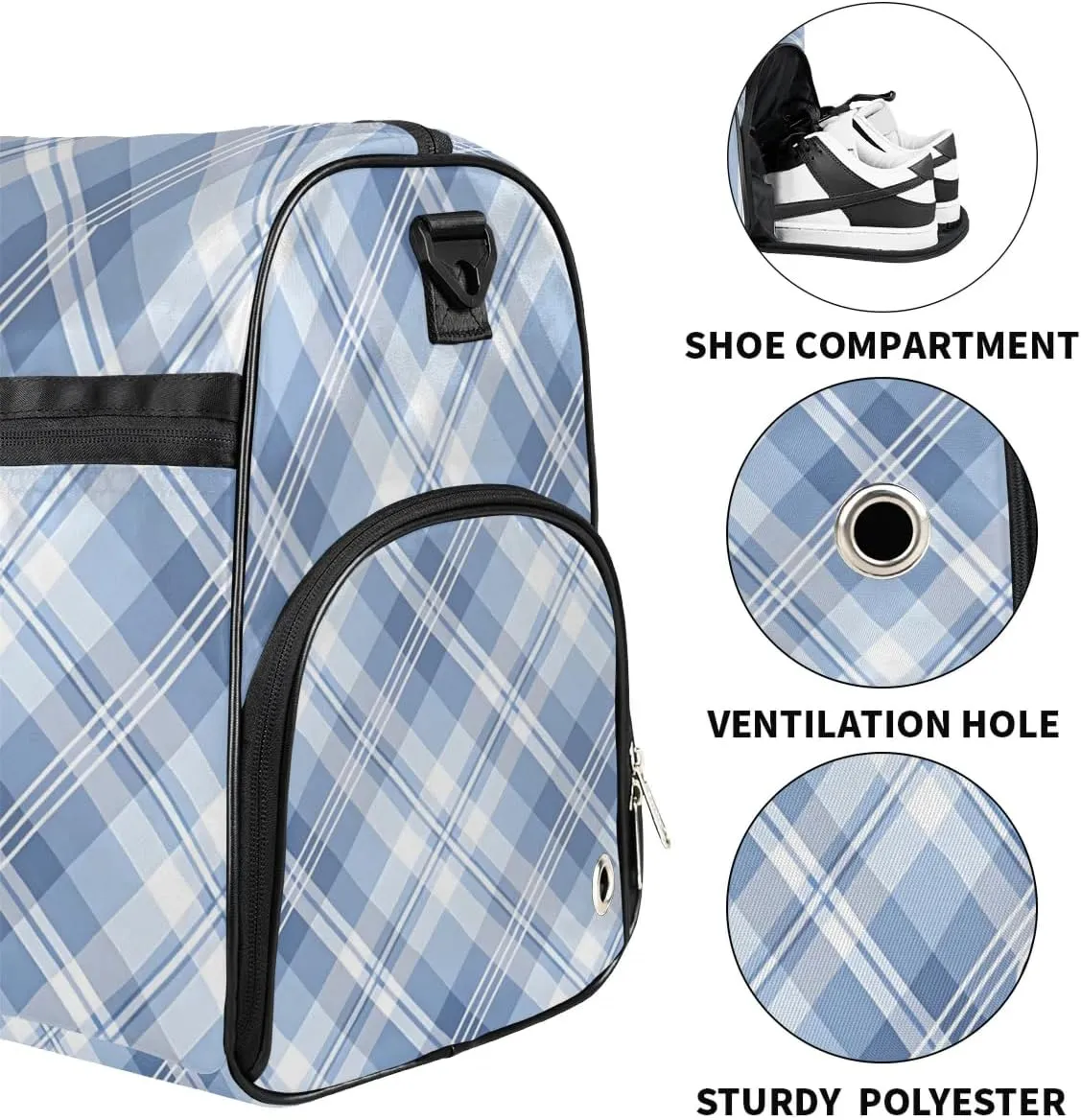 Large Gym Bag with NameCustom Duffel Bag for Women Luggage Bag for Adults Weekender Carry on Duffle Bags Blue Plaid Sports Duffel Bag