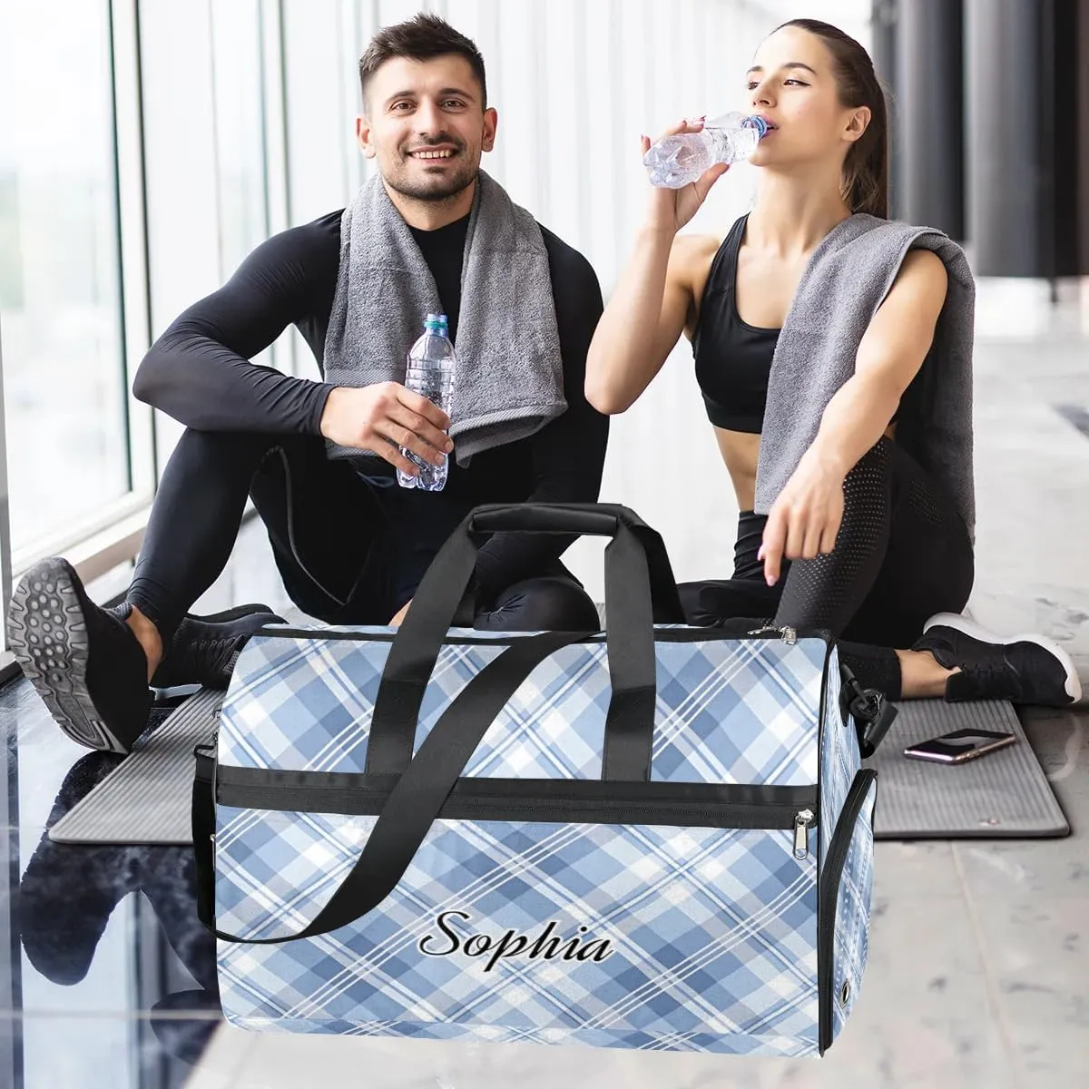 Large Gym Bag with NameCustom Duffel Bag for Women Luggage Bag for Adults Weekender Carry on Duffle Bags Blue Plaid Sports Duffel Bag