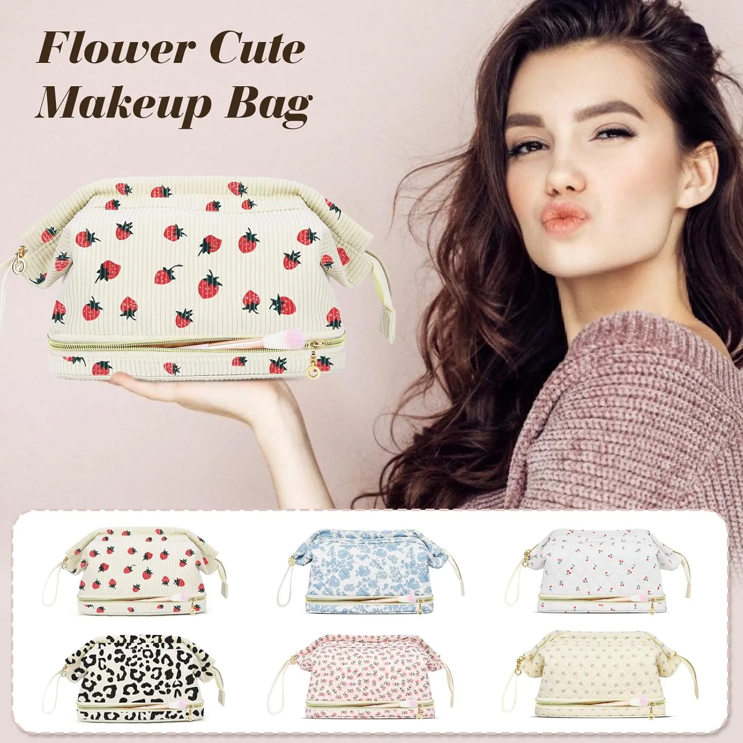 Large Makeup Bag, Quilted Cosmetic Bag, Large Floral Make Up Bag for Women, Cute Floral Skin Care Bag Double Layer Makeup Bags Flower Travel Toiletry Bag - Blue Flower