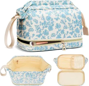 Large Makeup Bag, Quilted Cosmetic Bag, Large Floral Make Up Bag for Women, Cute Floral Skin Care Bag Double Layer Makeup Bags Flower Travel Toiletry Bag - Blue Flower