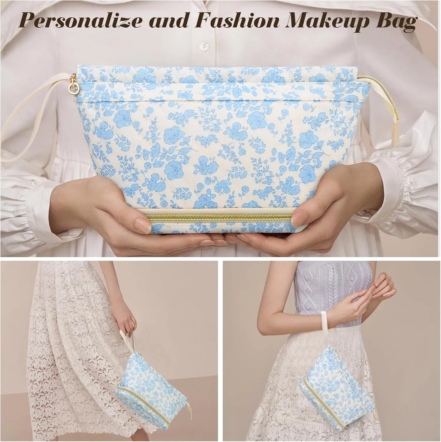 Large Makeup Bag, Quilted Cosmetic Bag, Large Floral Make Up Bag for Women, Cute Floral Skin Care Bag Double Layer Makeup Bags Flower Travel Toiletry Bag - Cherry
