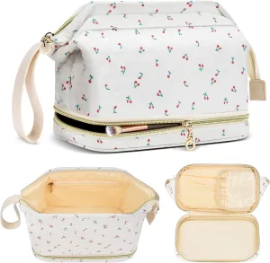 Large Makeup Bag, Quilted Cosmetic Bag, Large Floral Make Up Bag for Women, Cute Floral Skin Care Bag Double Layer Makeup Bags Flower Travel Toiletry Bag - Cherry