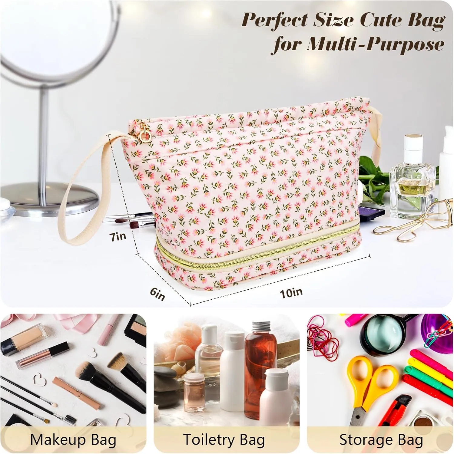 Large Makeup Bag, Quilted Cosmetic Bag, Large Floral Make Up Bag for Women, Cute Floral Skin Care Bag Double Layer Makeup Bags Flower Travel Toiletry Bag - Cherry