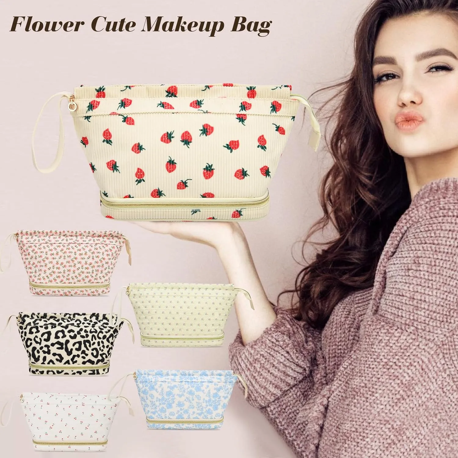 Large Makeup Bag, Quilted Cosmetic Bag, Large Floral Make Up Bag for Women, Cute Floral Skin Care Bag Double Layer Makeup Bags Flower Travel Toiletry Bag - Cherry