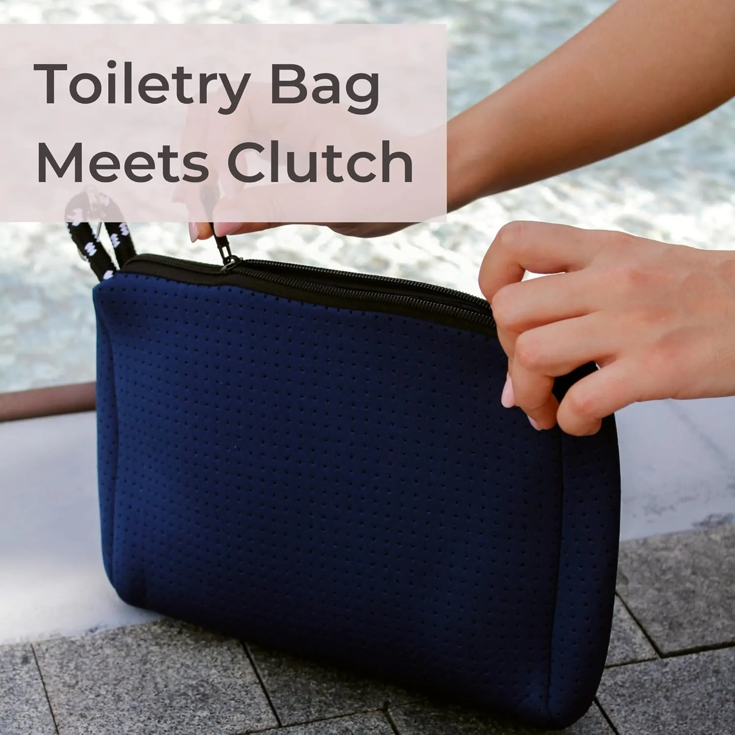 Large Makeup Bag with Zipper, Deep Blue - Waterproof Neoprene Cosmetic Bag 7.7 x 10.75 x 5 inches