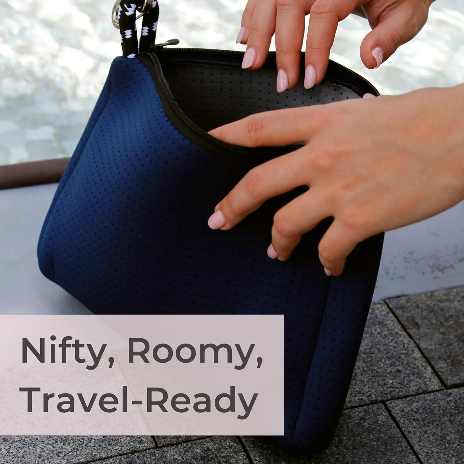 Large Makeup Bag with Zipper, Deep Blue - Waterproof Neoprene Cosmetic Bag 7.7 x 10.75 x 5 inches