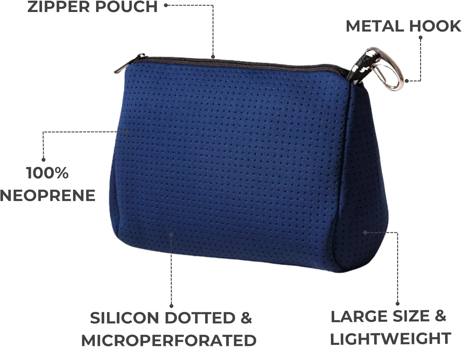 Large Makeup Bag with Zipper, Deep Blue - Waterproof Neoprene Cosmetic Bag 7.7 x 10.75 x 5 inches