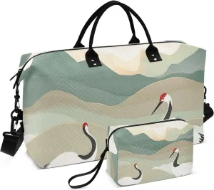 Large Travel Bag Overnight Bag Tote Bag with Adjustable Strap for Business Trips Multifunctional Green Gold Chinese Landscape Crane