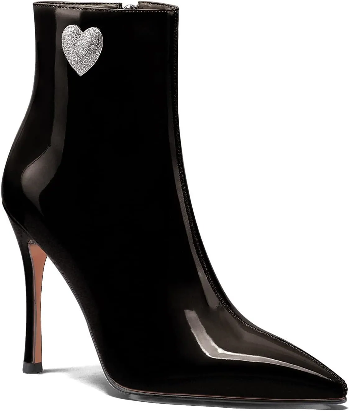 LauraVicci Women Heeled Ankle Booties Pointed Toe Stilettos Crystal Heart Rhinestones Embellished Black Booties Zipper Dress Evening Party Shoes