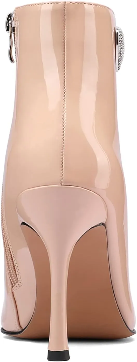 LauraVicci Women Heeled Ankle Booties Pointed Toe Stilettos Crystal Heart Rhinestones Embellished Black Booties Zipper Dress Evening Party Shoes