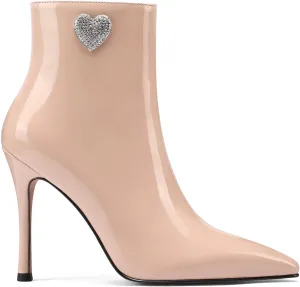 LauraVicci Women Heeled Ankle Booties Pointed Toe Stilettos Crystal Heart Rhinestones Embellished Black Booties Zipper Dress Evening Party Shoes