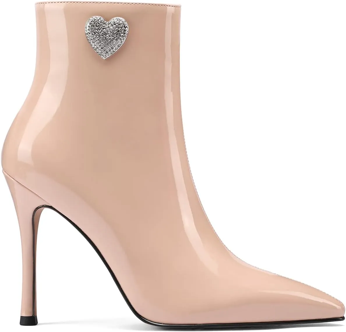 LauraVicci Women Heeled Ankle Booties Pointed Toe Stilettos Crystal Heart Rhinestones Embellished Black Booties Zipper Dress Evening Party Shoes