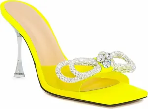 LauraVicci Women's Heeled Bow Mules Clear Sandals Square Open Toe Rhinestone Embellished Crystal Bowknot Transparent PVC Crystal Stiletto Slip On Evening Dress Party Wedding Shoes
