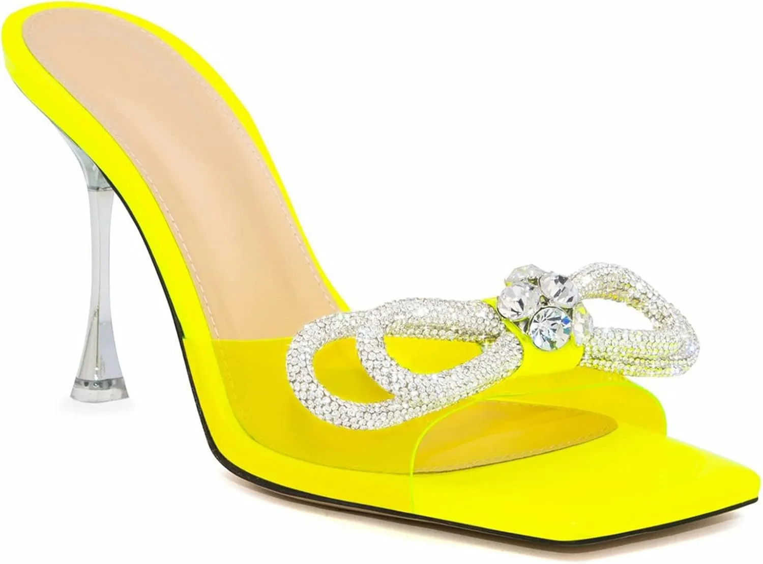 LauraVicci Women's Heeled Bow Mules Clear Sandals Square Open Toe Rhinestone Embellished Crystal Bowknot Transparent PVC Crystal Stiletto Slip On Evening Dress Party Wedding Shoes