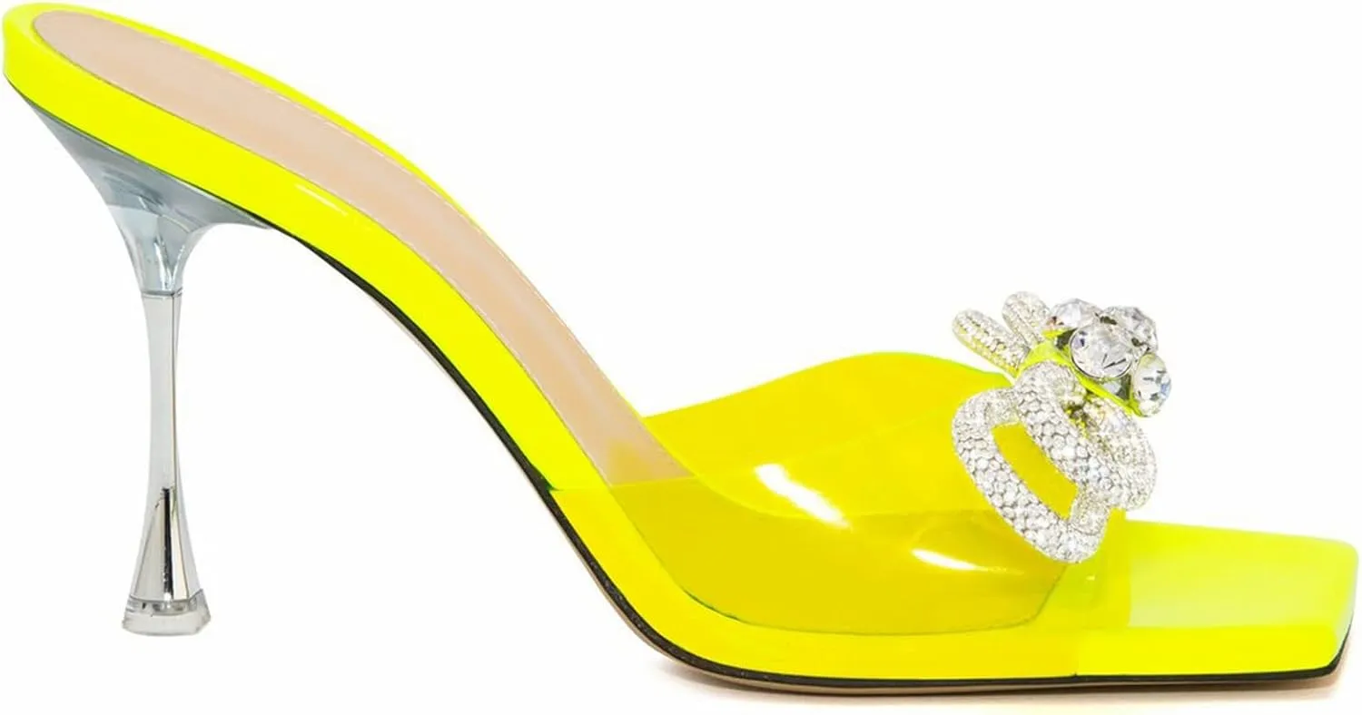 LauraVicci Women's Heeled Bow Mules Clear Sandals Square Open Toe Rhinestone Embellished Crystal Bowknot Transparent PVC Crystal Stiletto Slip On Evening Dress Party Wedding Shoes