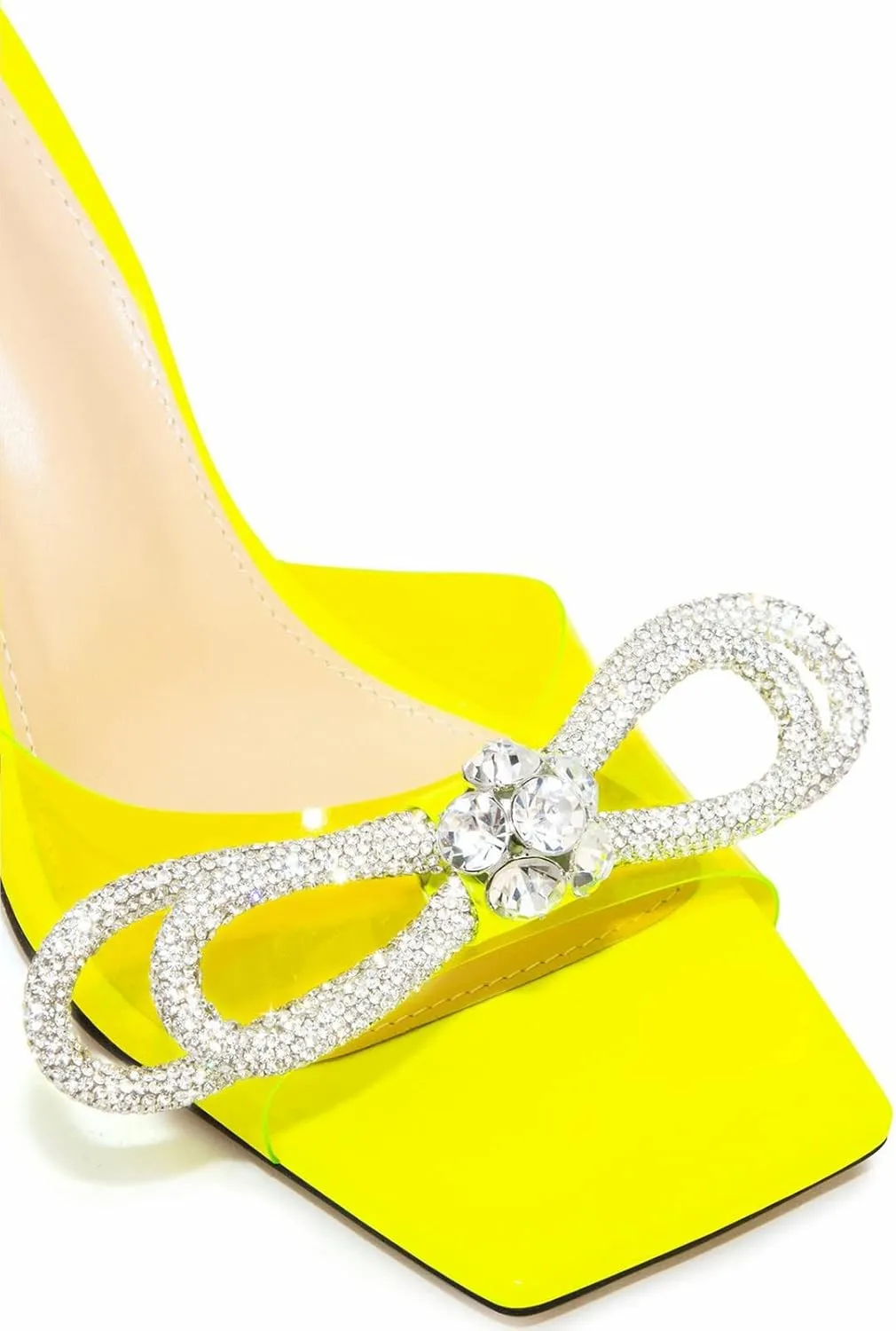LauraVicci Women's Heeled Bow Mules Clear Sandals Square Open Toe Rhinestone Embellished Crystal Bowknot Transparent PVC Crystal Stiletto Slip On Evening Dress Party Wedding Shoes