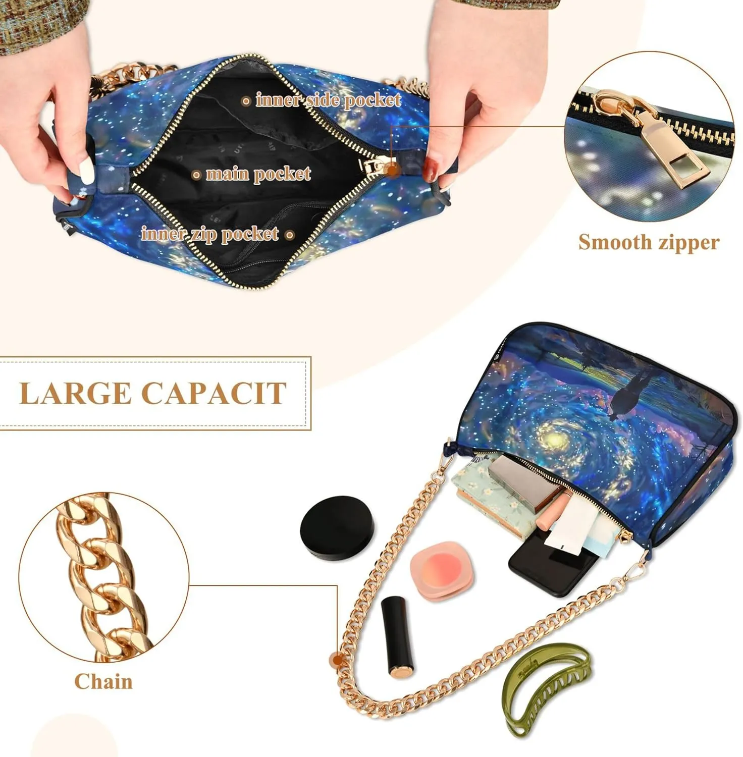 Lavender Field Stars Moon Night Womens Purse Hobo Dressy Purse Women's Designer Inspire Handbags Shoulder Purses