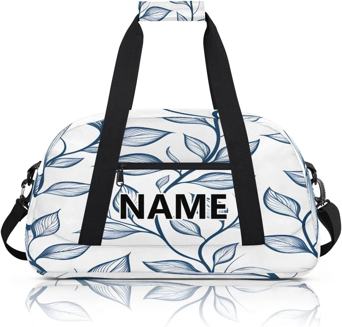 Leaf Custom Small Gym Bag 18 inch for Women Men Personalized Blue Leaves Carry On Overnight Weekender Bag for Travel Work Dance Sport